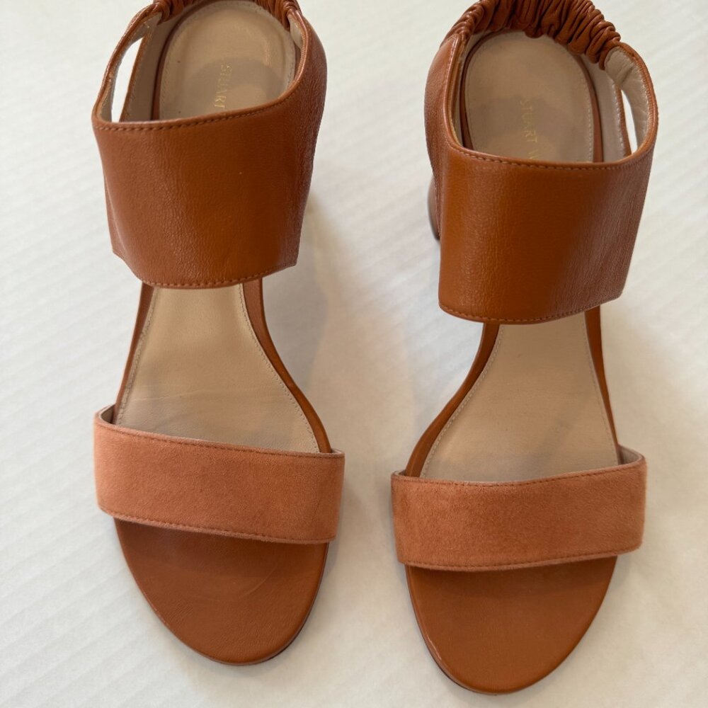Stuart Weitzman Block Heel Sandals (Erica Line) Size 9M in Tan Suede Leather
